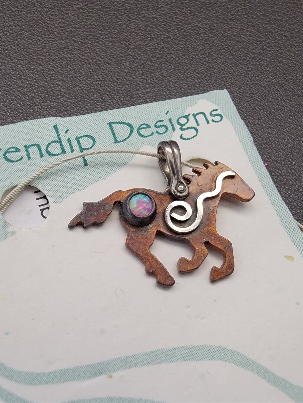 Serendip Designs Sterling Silver Copper Horse Pendant Necklace Synthetic Opal